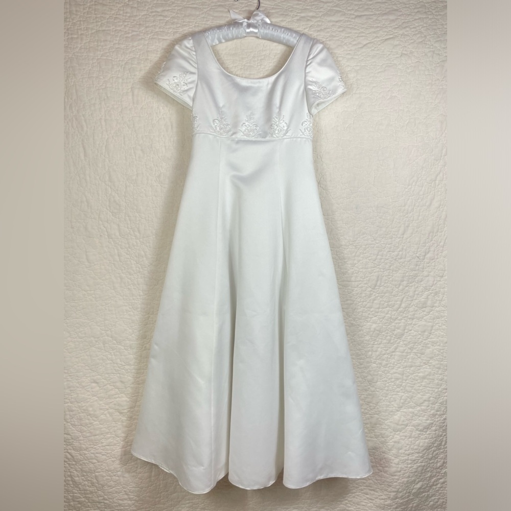 🔥Little Maiden Beaded Flowers Embellished White Flower Girl Party Dress Sz 12